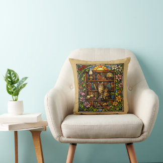 Book and Cat Lovers Faux Stain Glass Kissen