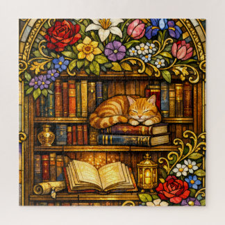 Book and Sleeping Cat Lovers Faux Stain Glass