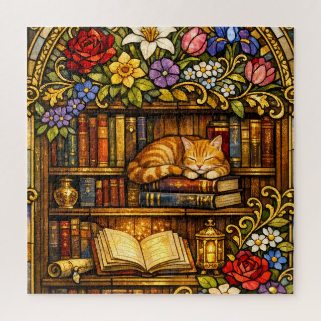 Book and Sleeping Cat Lovers Faux Stain Glass (Vertikal)