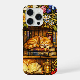 Book and Sleeping Cat Lovers Faux Stain Glass iPhone 15 Pro Hülle