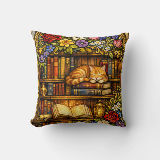 Book and Sleeping Cat Lovers Faux Stain Glass Kissen