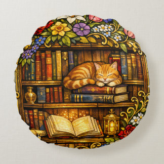 Book and Sleeping Cat Lovers Faux Stain Glass Rundes Kissen