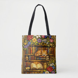 Book and Sleeping Cat Lovers Faux Stain Glass Tasche
