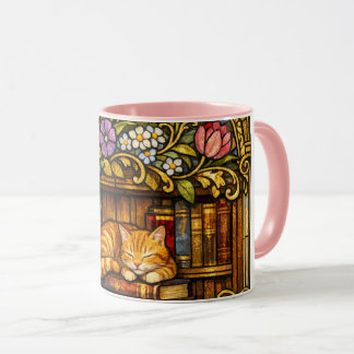 Book and Sleeping Cat Lovers Faux Stain Glass Tasse