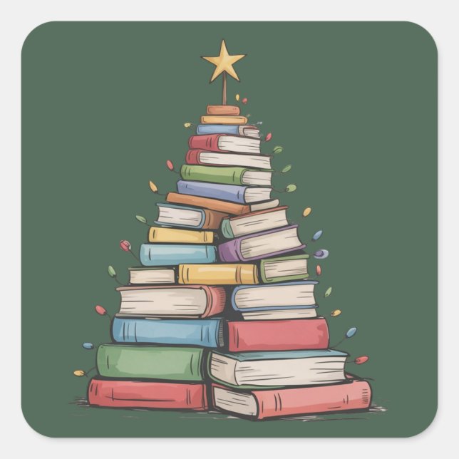 Book Christmas Tree Retro Bookworm Library  Quadratischer Aufkleber (Vorderseite)