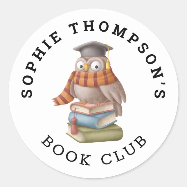 Book Club Name Niedlich Owl Cap Books Cartoon Runder Aufkleber (Vorderseite)