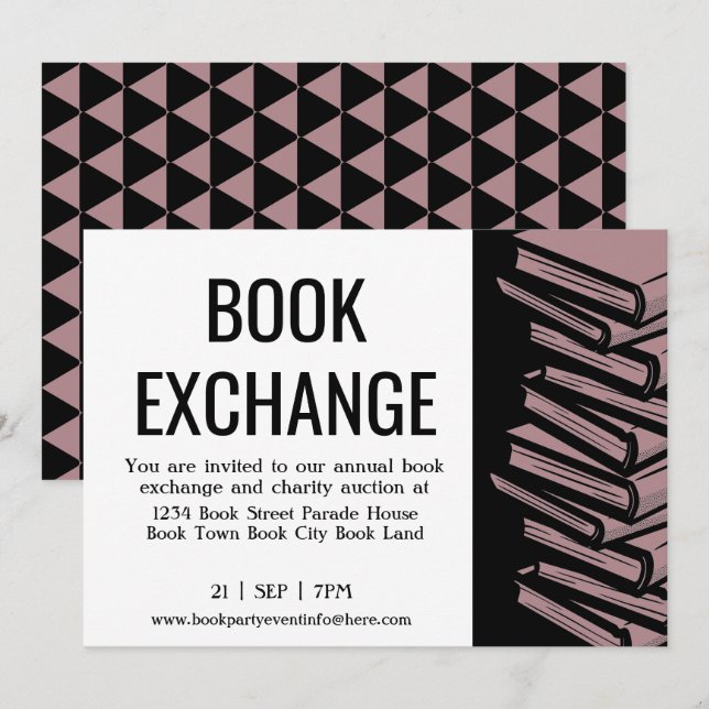 Book Exchange Black Dusty Rose Einladung (Vorne/Hinten)