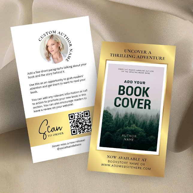 Book Release Author Foto Marketing Imitats Gold Visitenkarte (Faux Gold book launch marketing business cards with custom book cover and QR code on the back)