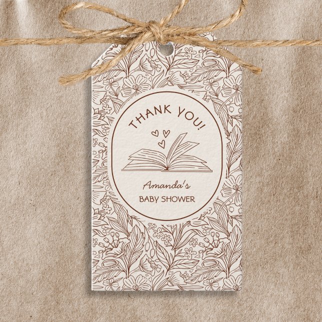 Book Theme Brown Floral Literary Baby Shower Geschenkanhänger (Book Theme Brown Floral Literary Baby Shower Gift Tags)