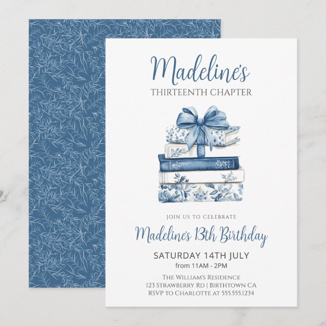 Book with blue bow Girl Birthday Einladung (Vorne/Hinten)