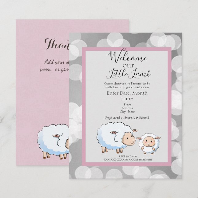Bookah Pink, Gray Lamb Baby Duschvorräte Einladung (Vorne/Hinten)