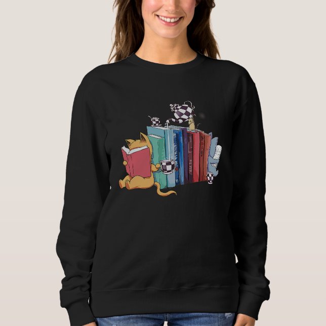 Bookend Kitten Cats Tea and Books Sweatshirt (Vorderseite)