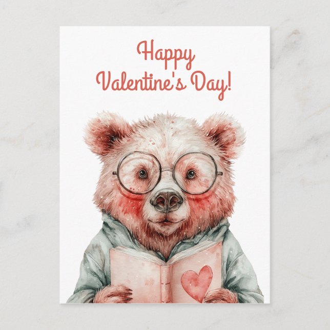 Bookish Bear Valentine`s Day Postkarte (Vorderseite)