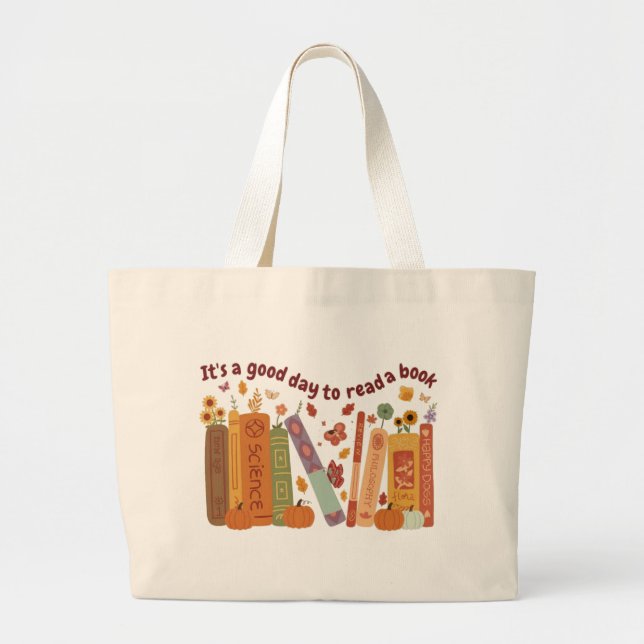 Bookish book Lovers, OrangePumpkin and Fall Leaves Jumbo Stoffbeutel (Vorne)