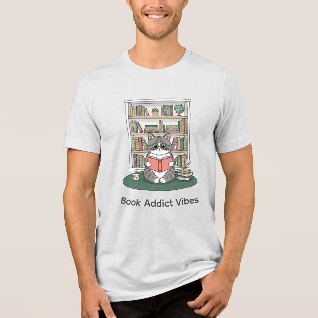 Bookish Kitty Reading Cozy Bookshelf Doodle Design Tri-Blend Shirt (Vorderseite)