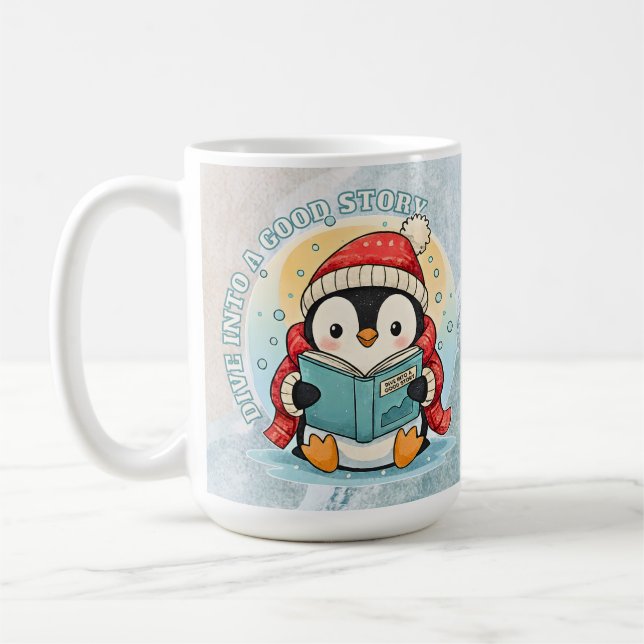 Bookish Penguin Adventure Large Coffee Tea Mug (Gauche)