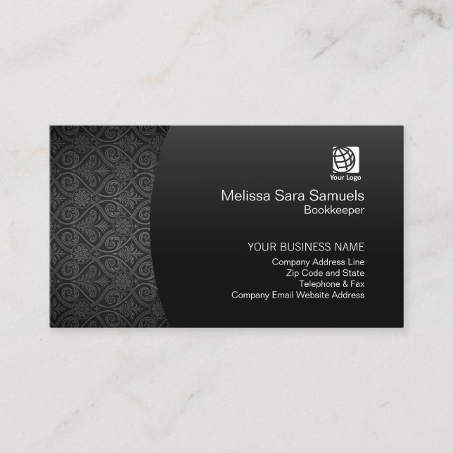 Bookkeeper Finance Services Elegante Black Damask Visitenkarte (Vorderseite)