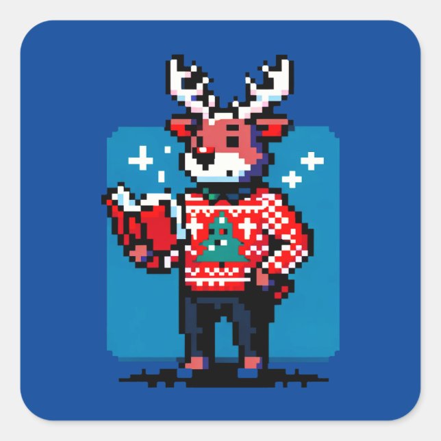 Booklet Reindeer - Cosy Pixel Art Christmas Design Quadratischer Aufkleber (Vorderseite)