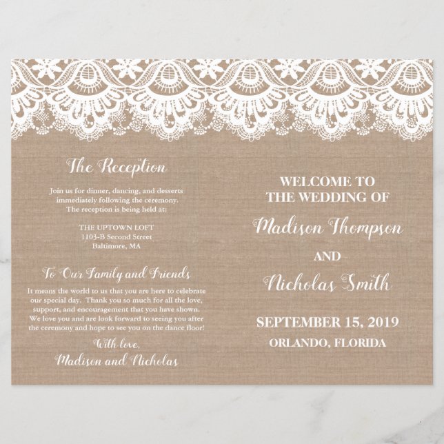 Booklets für Hochzeiten in Burlap und Lace, rustik Flyer (Vorne)