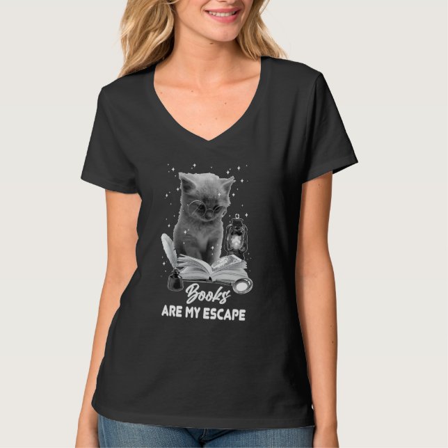 Bookmark Books Are My Escape Cat Reading A Book Lo T-Shirt (Vorderseite)