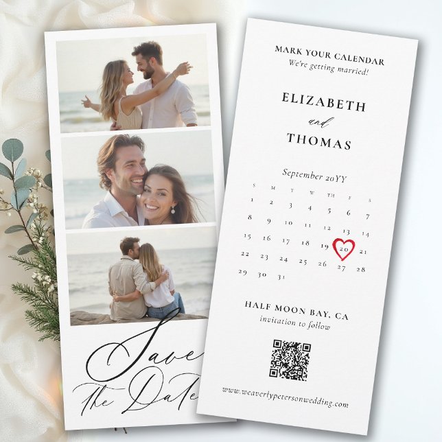 Bookmark Calendar Heart Photo Strip Modern Wedding Save The Date (bookmark wedding save the date card photo qr code calendar red heart modern photobooth strip)
