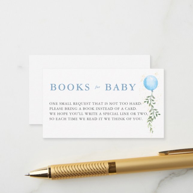 Books Blue Balloon Soft Greenery Boy Baby Shower Begleitkarte (Vorderseite/Rückseite Beispiel)
