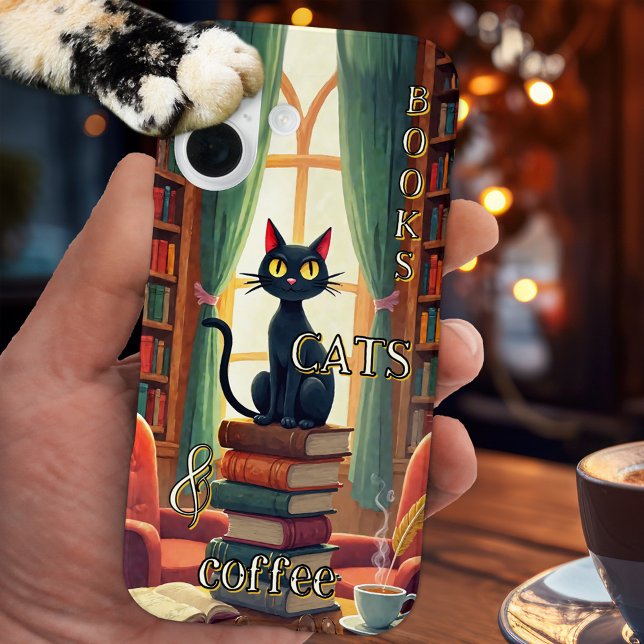 Books Cats and Coffee Phone Case  (Cute phone case featuring a painting of a black cat on a pile of books - with coffee)