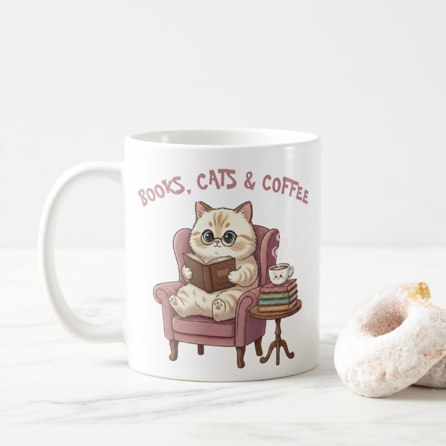 Books, Cats & Coffee Cute Cat Lover Mug Kaffeetasse (Mit Donut)