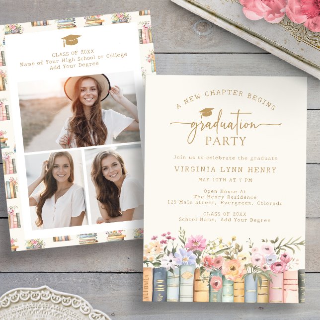 Books Graduation Party Einladung (Watercolor Floral Books Graduation Party Invitation with Photos by Painted Paperie
)