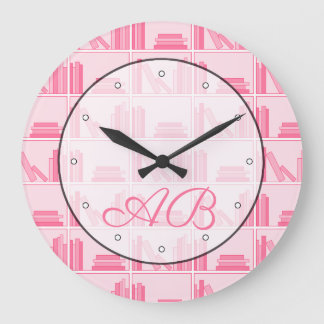 Books Pattern in Pink. Reading Theme with Initials Große Wanduhr
