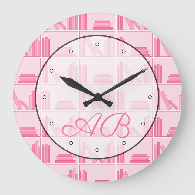 Books Pattern in Pink. Reading Theme with Initials Große Wanduhr (Vorderseite)