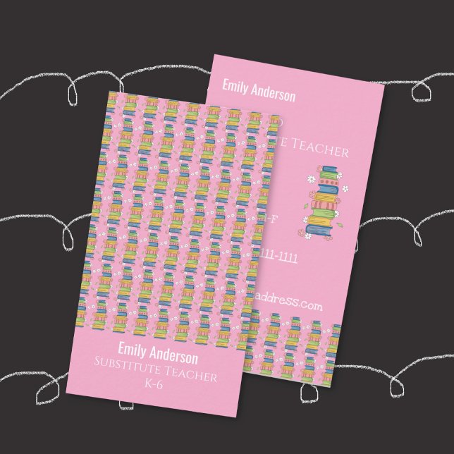 Books Pattern Tutor Pink Vertical Business Card Telefonnummerkarte (Books pattern tutor pink vertical business card .)