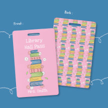 Bookstack and Flowers Pink Library Hall Pass Badge