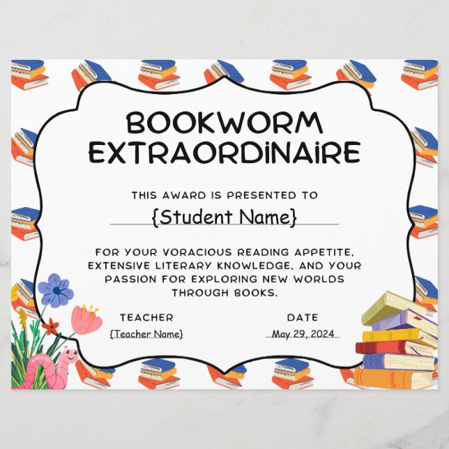 Bookworm Extraordinaire Student Recognition Award (Vorderseite)