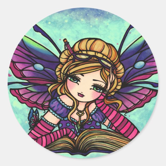 Bookworm Fairy Library Fantasy Art Stickers (Vorderseite)
