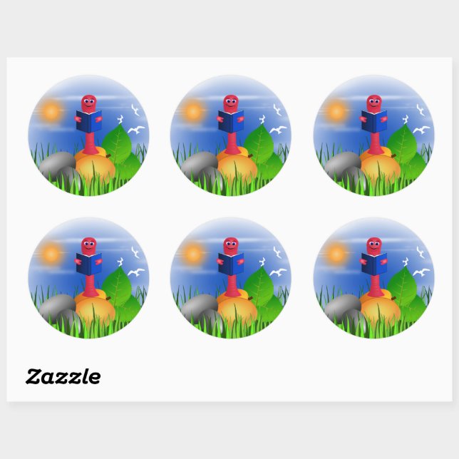 Bookworm Niedlich Fun Kid's School Round Stickers (Blatt)