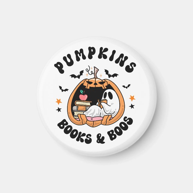 Bookworm Niedlich Ghost Pumpkins Bücher & Boos Magnet (Vorne)
