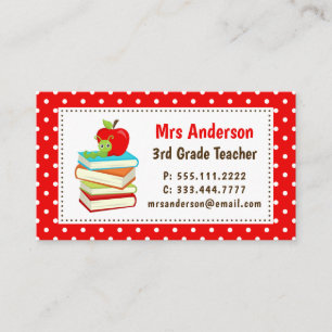 Bookworm Red Polka Dots Business Card Lehrer Visitenkarte