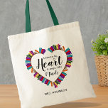 Bookworm Teacher Sprichwort Geschenk Tragetasche<br><div class="desc">Vielen Dank Lehrer Tote Tasche mit einem Herz aus Schulbüchern,  ein süßes Lehrer Sprichwort,  und ihren Namen.</div>
