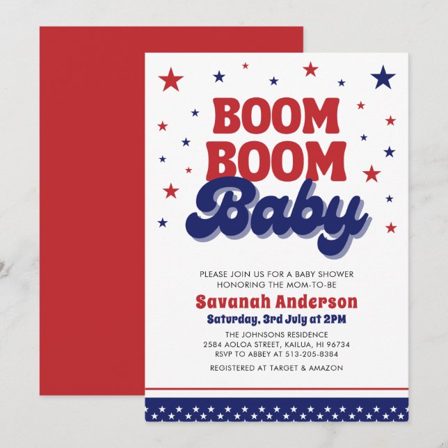Boom Boom Baby 4. Juli Patriotic Baby Dusche Einladung (Vorne/Hinten)