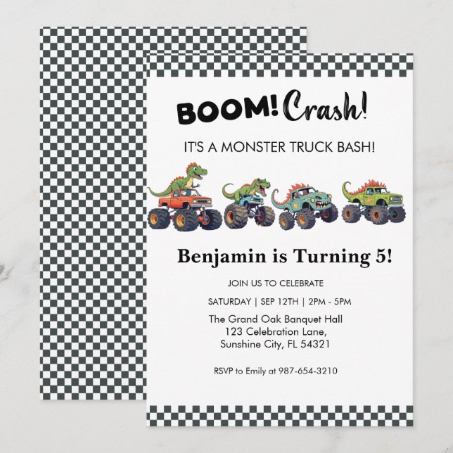 Boom Crash, Monster Truck Geburtstag Einladung (Vorne/Hinten)