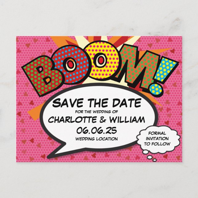 BOOM Save the Date Spaß Moderne Cool Postkarte (Vorderseite)