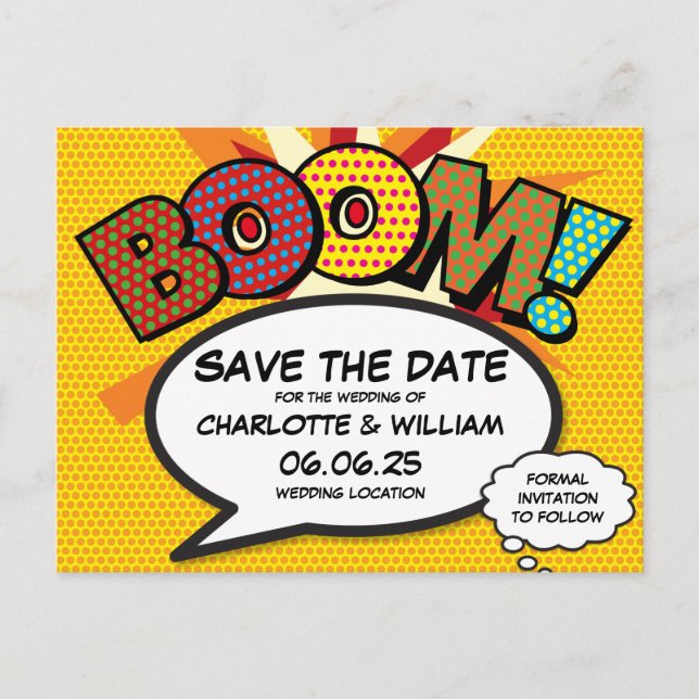 BOOM Save the Date Spaß Moderne Farben Ankündigungspostkarte (Vorderseite)