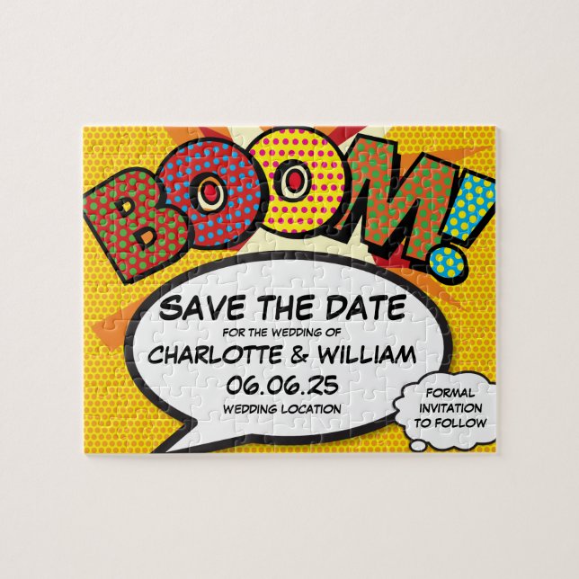 BOOM Save the Date Spaß Retro Comic Pop Kunst (Horizontal)
