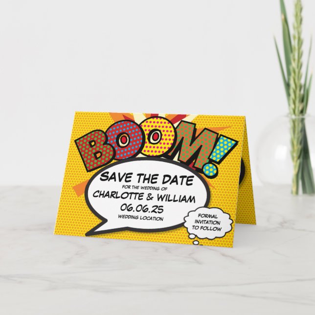 BOOM Save the Date Spaß Retro Comic Pop Kunst Ankündigung (Vorderseite)