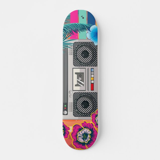 Boombox mit tropischen Blätter und Blume Skateboard (Vorne)