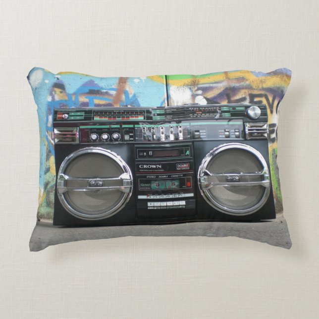 Boombox-Stereo-Kassetten der 80er Jahre Dekokissen (Vorderseite)