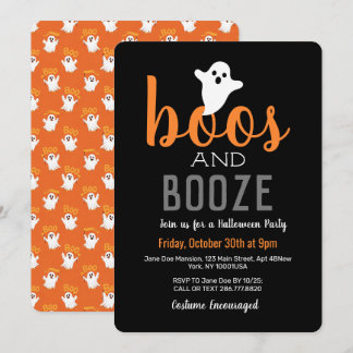 Boos and Booze Schwarze Orange Halloween-Party Einladung