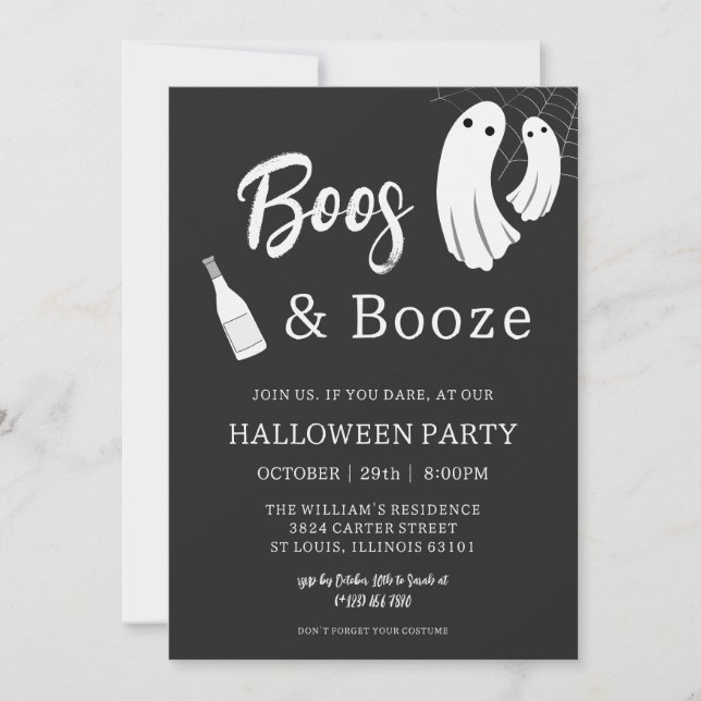 Boos & Booze Adult Halloween Chic Black Einladung (Vorderseite)