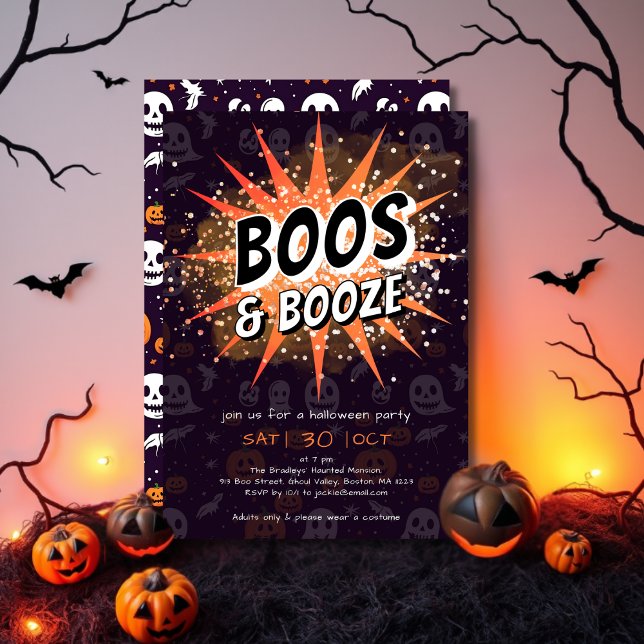 Boos & Booze Black & Orange Adult Halloween-Party Einladung (Von Creator hochgeladen)